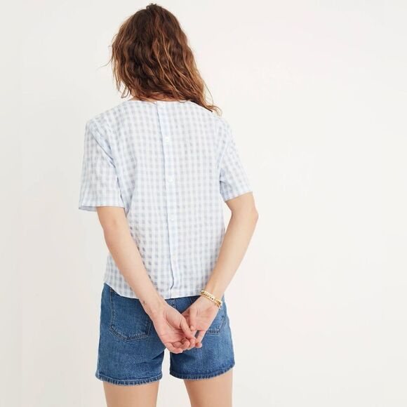 Madewell Button-Back Tie Front Short Sleeve Blue & White Gingham Check Blouse S - Picture 3 of 13